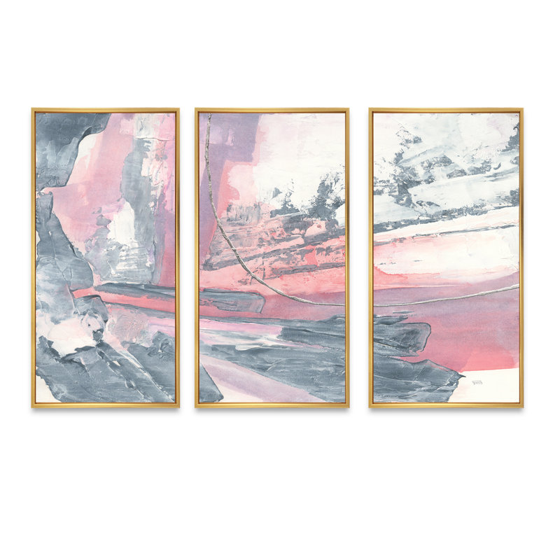 Durty Shabby Pink Blush I - ensemble d'art mural encadré sur toile Shabby Elegance, par 3, H 32 po x l 48 po x P 1 po, Or