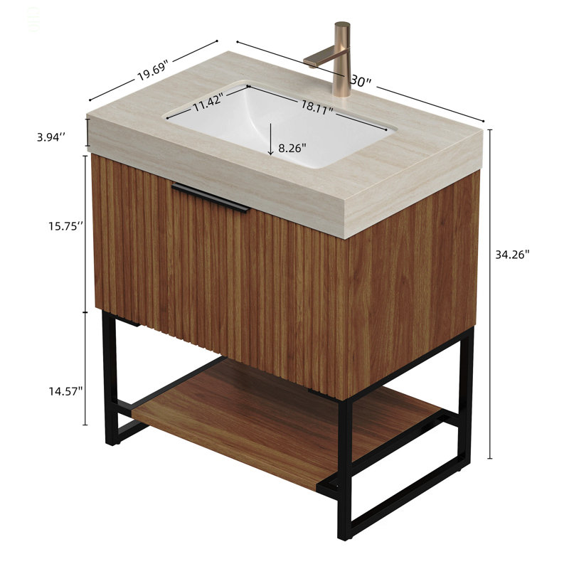 Meuble-lavabo 30 po, armoire de rangement autoportante en contreplaqué rayé avec tiroir et tablette ouverte, comptoir en pierre frittée et lavabo encastré en céramique Travertine Roma, pré-assemblé