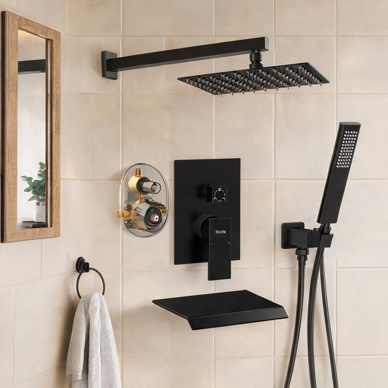 Système de douche à pression équilibrée noir mat, 52 x 41 x 16 po, avec pomme de douche à effet pluie