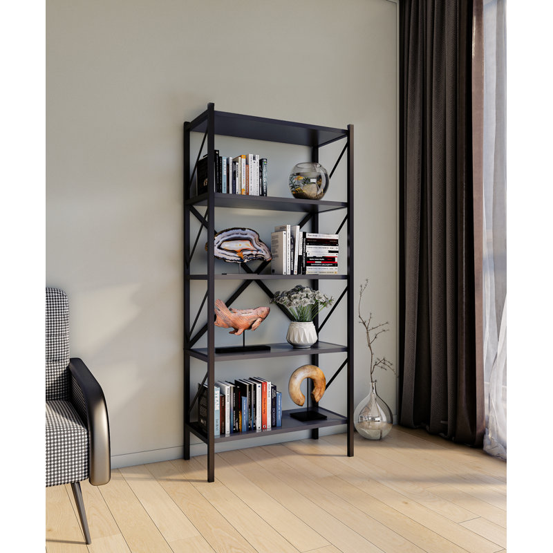 Addley 160cm H x 66cm W Metal Standard Bookcase, Black