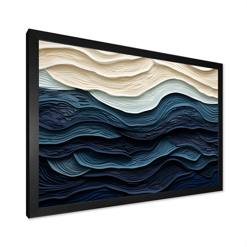 «Blue and White Coastal Waves», impression murale abstraite sur toile côtière, Noir, H 16 po x l 32 po, Impression encadrée