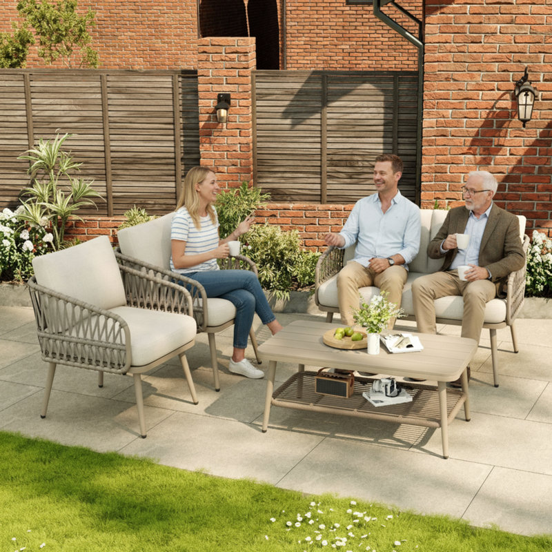 4-piece Outdoor Patio Set With Plastic Wood Table & Rope Storage, Loveseat + 2 Armchairs, Beige, Beige
