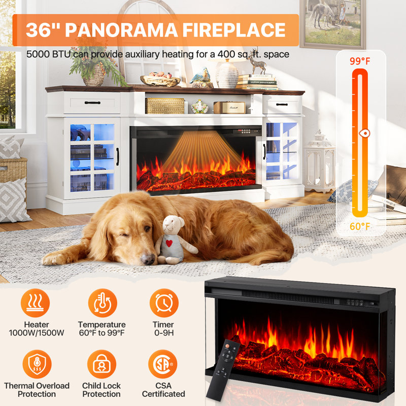 Farmhouse TV Stand With 36" Electric Fireplace for TVs up to 80"/90", 2 Drawers and Adjustable Shelf Entertainment Center