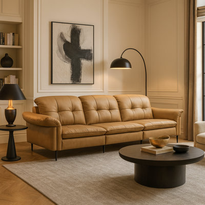 Luminore Top Grain Italian Tufted Leather 3 Seater Sofa, Livingroom Leather Sofa 