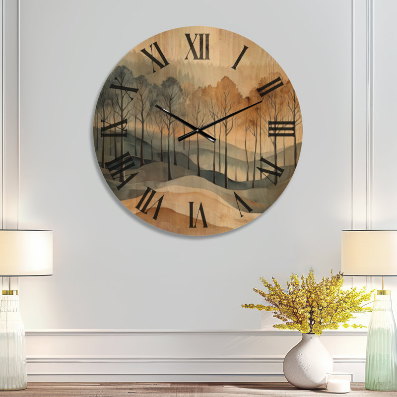 Horloge murale en bois massif Japandi Amber Mist Woodland I, Médium