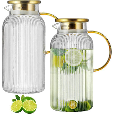 68oz Heat Resistant Borosilicate Glass Water Pitcher – Stainless Steel Dual-Opening Lid Striped Glass Jug for Hot & Cold Drinks