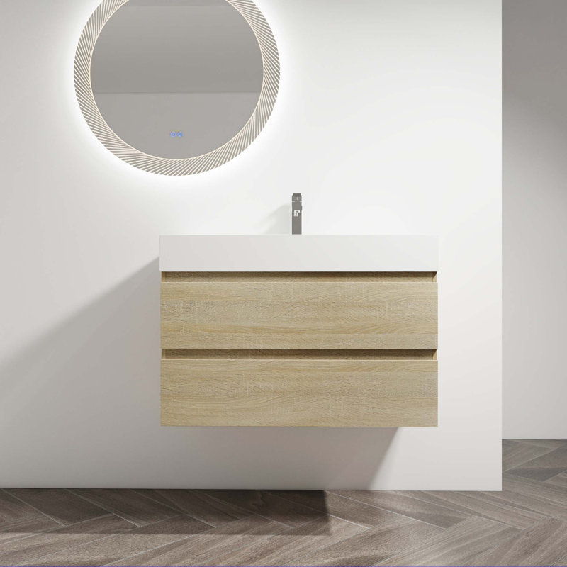 Meuble-lavabo mural 36 po avec lavabo en résine et 2 tiroirs à fermeture en douceur 36 po, Chêne clair, 36"