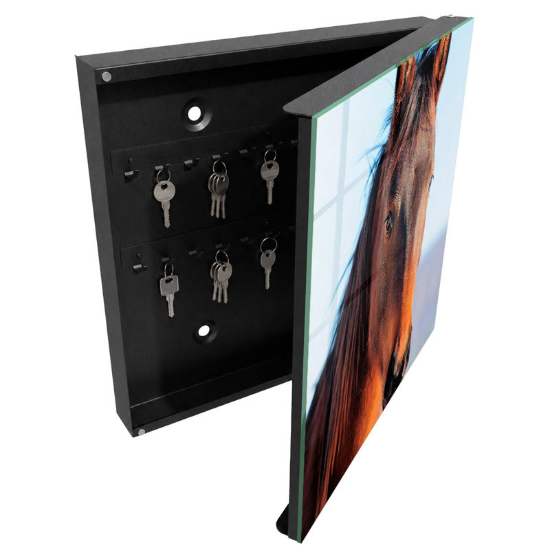 Key cabinet for home, Opens to the right, 30x30x5, Black, Portrait of a horse in natural light, 
