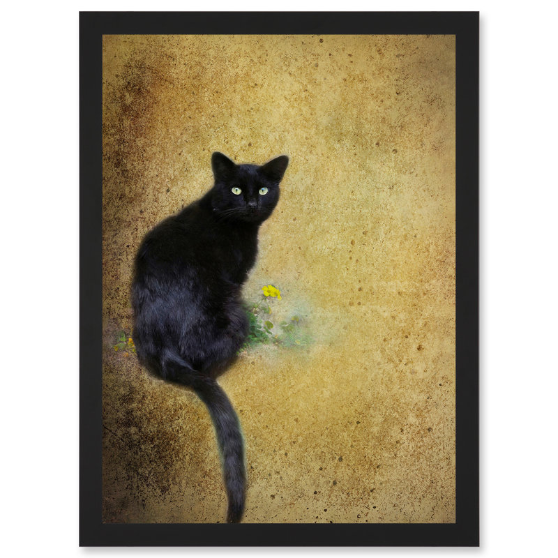 Black Cat With Yellow Flower - Single Picture Frame Print