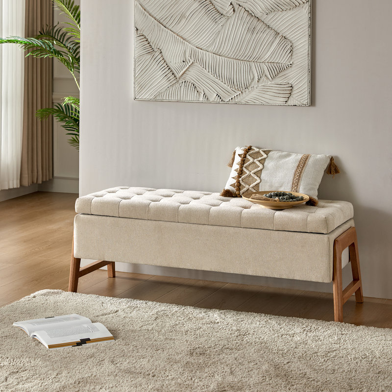 Brentlinger 49.6'' Mid-century Modern Upholstered Storage Bench with Solid Wood Legs and Tufted Seat, Tan