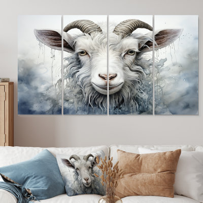 White Grazing Goat Portrait - Goat 4 Piece Wall Art For Living Room