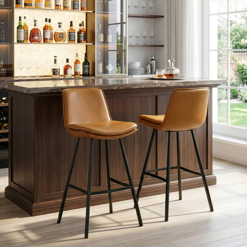 Ensemble de 2 tabourets de bar en similicuir gris Avalyn avec pieds en métal noir, Cappuccino