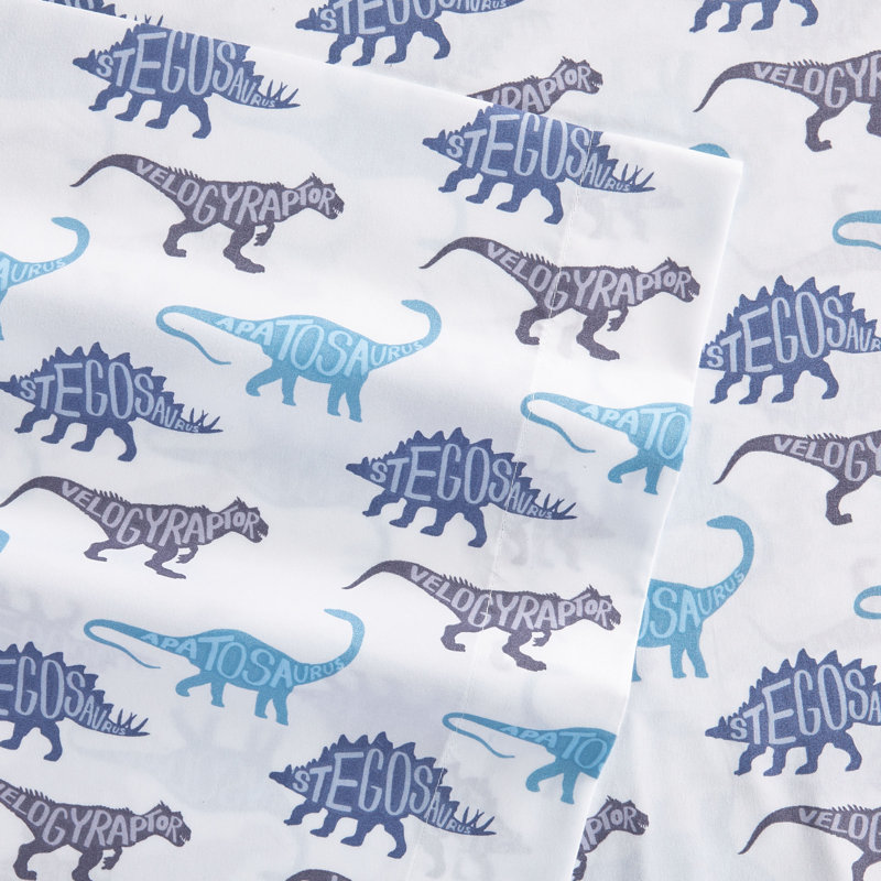 Ensemble de draps 3 pièces Dino School, Purple White/Dino, Ensemble de draps pour lit simple avec 1 taie d'or