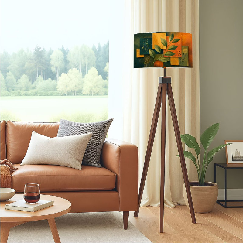  Lampe trépied sur pied avec art botanique abstrait à feuilles vertes, formes géométriques et tons terreux