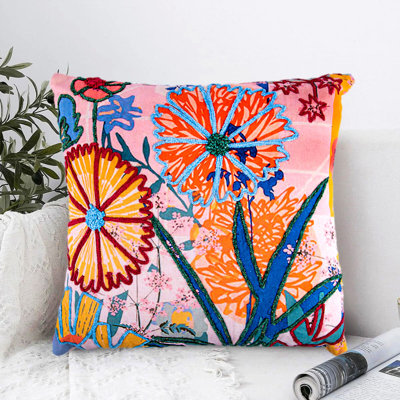 Wild Flowers 1 Cotton Embroidered Square Decorative Pillow 18x18"