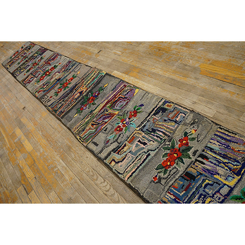 Gray Antique American Floral Folk Art Design Hooked Long Hallway Runner Rug