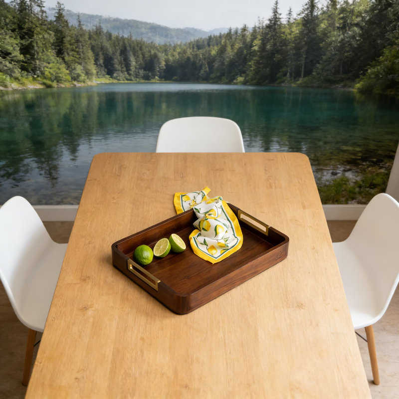 Plateau de service en bois d'acacia avec poignées en aluminium - Grand plateau de table basse avec repose-pieds pour collations, boissons, charcuterie, décoration rustique et service de réception