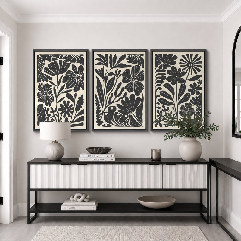 Abstract Botanical "Boho Black And Beige Floral Artwork, Mid-Century Modern Living Room Wall Pictures, Framed Canvas Giclée Print 3 Pieces Wall Art" 16"x24"x3 pcs, 24"x36"x3 pcs, 20"x60"x3 pcs