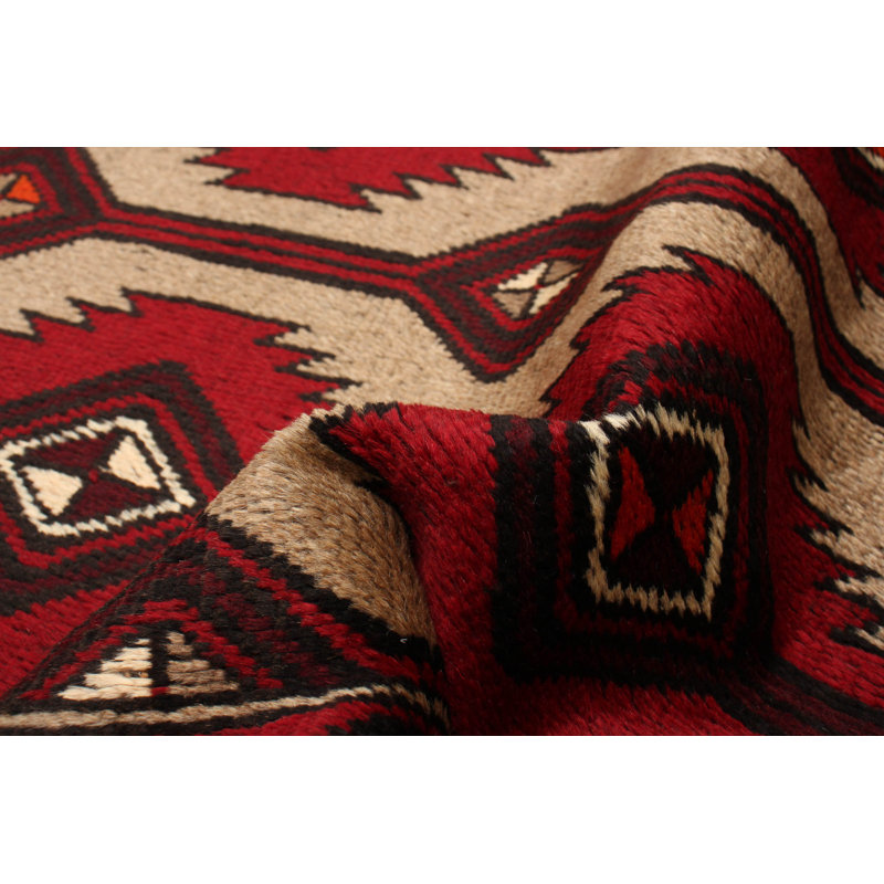 Tapis rouge en laine noué à la main de conception unique 3 pi 3 po x 5 pi 6 po New Age