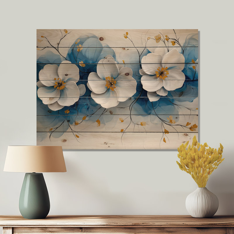 Velours cerisier en fleurs bleu Simplicity III - impression sur bois de cerisier en fleurs - sur bois de pin naturel
