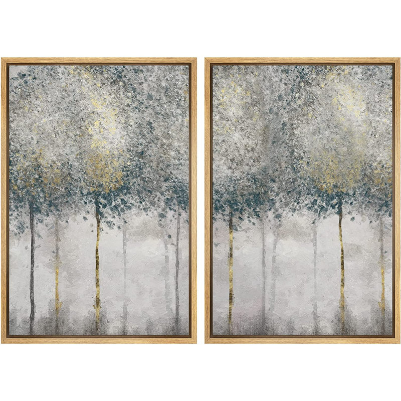 Abstract Forest " Pastel Teal Gold Forest Tree " 2 - Pieces, Natural, 36" H x 48" W 