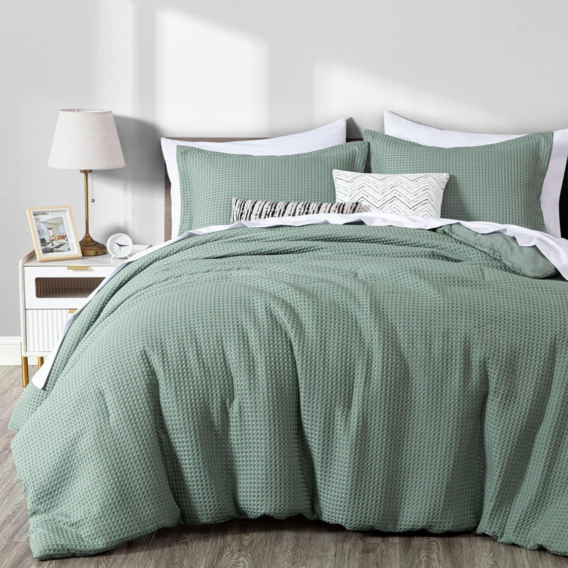 Wilmer Waffle Weave Textured Comforter Set, Full Comforter + 2 Standard Shams, Sage Green