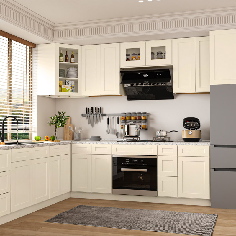 Meuble bas standard HOMEIBRO Cozy Design, 91,4 cm (L) x 61 cm (P) x 87,6 cm (H), en contreplaqué, style Shaker, blanc antique.