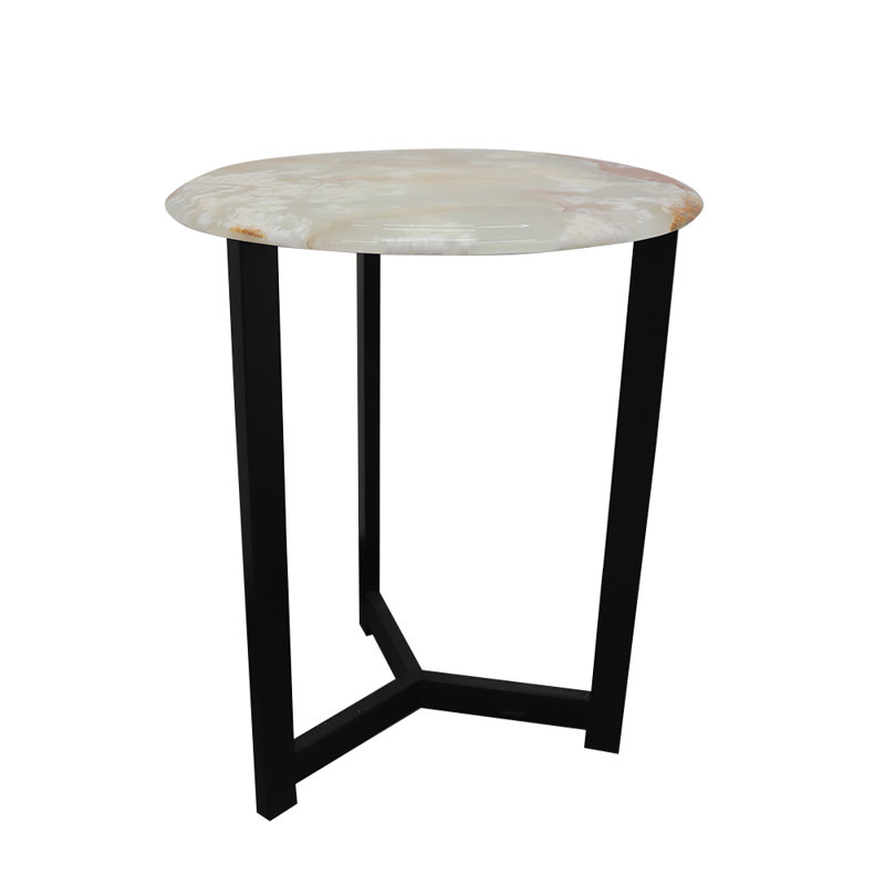 Round Onyx Marble Side Table – 20” Diameter, 24” Height – Light Green & White Marble Top with Black Metal Base – Modern Accent End Table for Living Room & Bedroom