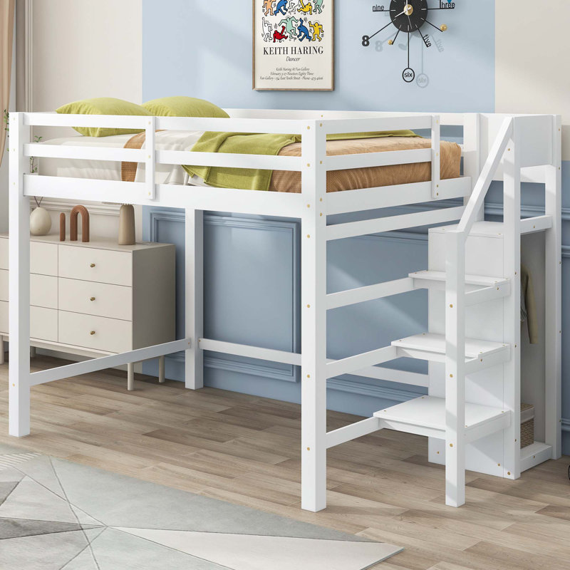Jaelina Full Size Loft Bed with Built-in Storage Wardrobe and Staircase, White