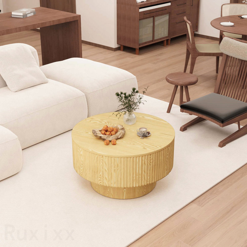 Table basse 29,53 po en MDF circulaire moderne avec rayures circulaires et espace de rangement convenant à la maison et à la cuisine