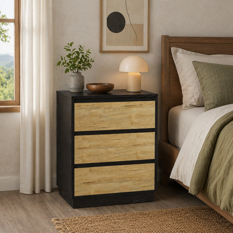 Table de chevet moderne à 3 tiroirs noire et brune avec rangement spacieux et design durable