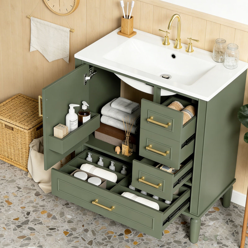 Meuble-lavabo moderne avec lavabo en céramique, 30"+Olive Green