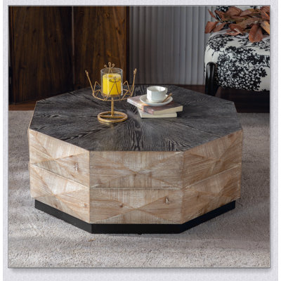 Octagon Coffee Table With Three-Dimensional Embossed Pattern, Retro Style Wood Centre Table For Living Room And Home Decor