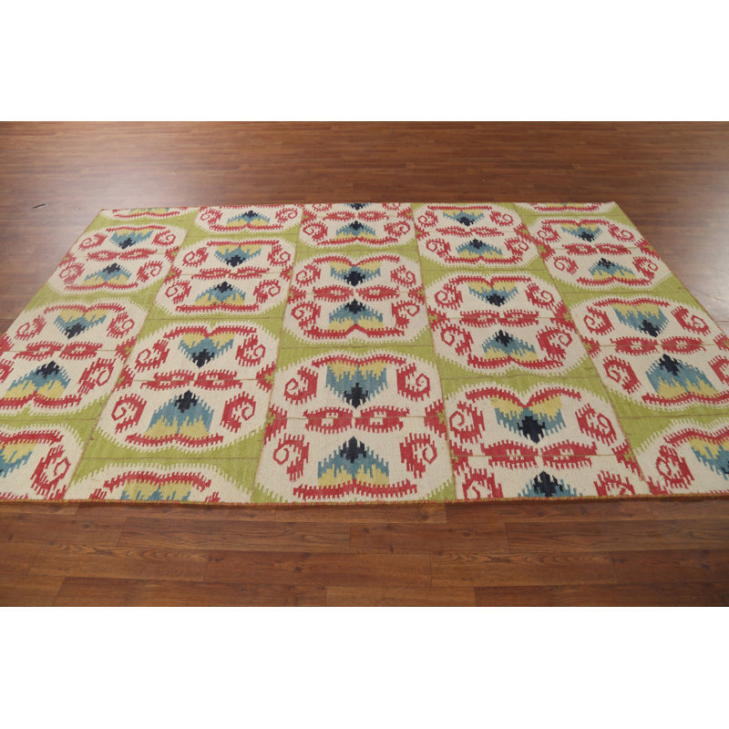 Tapis oriental kilim vert à tissage plat 6 x 9