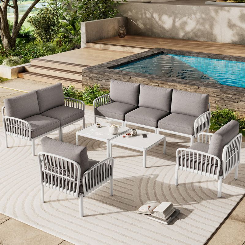 Ensemble de conversation pour patio 9 pièces, Coussin beige / structure blanche
