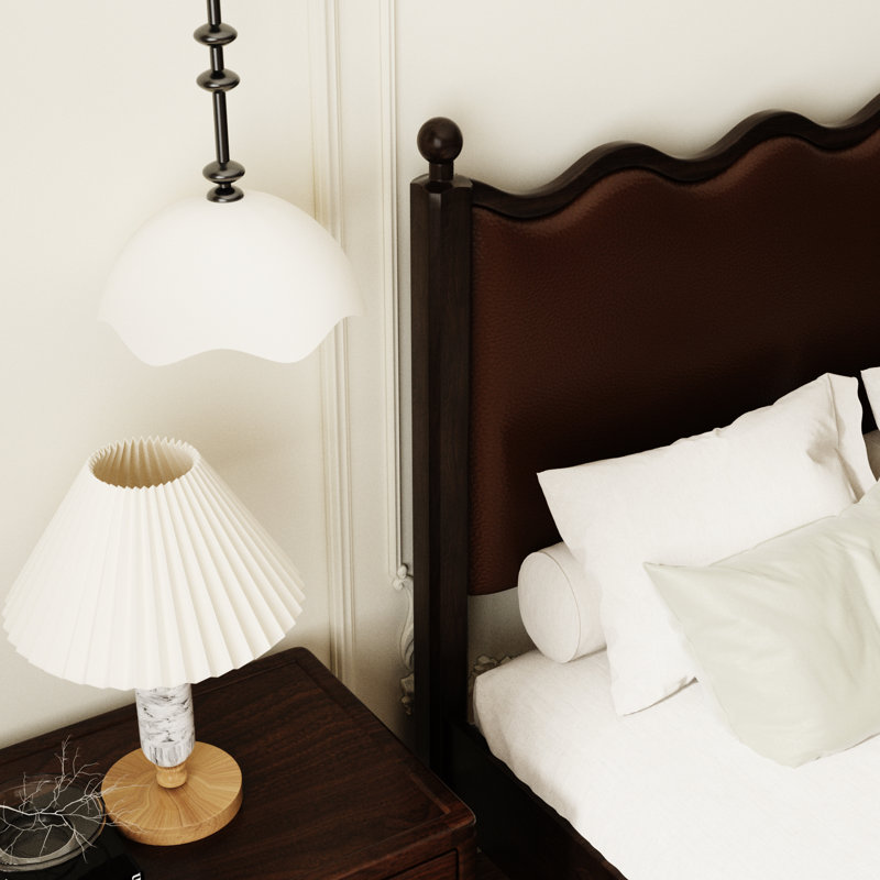 Ines Wood Bed Frame with Upholstered Headboard - Vegan Leather Upholstery, Full / Double, Brown