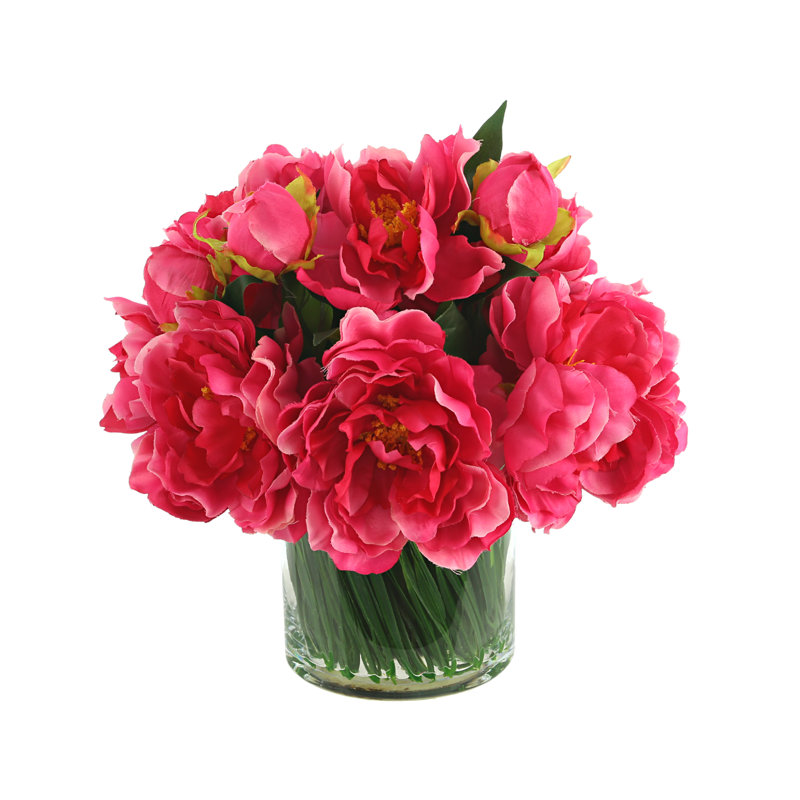Peony Arrangement in Glass Vase with Grass, Light Fuchsia