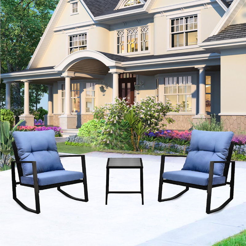 Patio Bistro With Blue Cushions - 3 Pieces Outdoor Furniture Protected For Lawn, Garden, Poolside Rocking Chairs Yard, Powder-Coated Steel Frame & All-Weather Pe