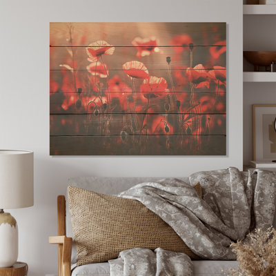 Red Poppies At Dawn - Poppies Wood Art On Natural Pine Wood