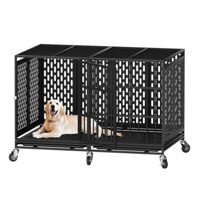 48 Inch Heavy Duty Dog Crate With Wheels, Metal Big Dog Cage For Large And Medium Dogs, Extra Large Xl Xxl Indestructible Dog Crate With Removable Tray.