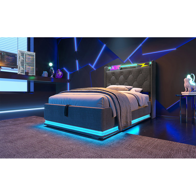 Lit simple tapissier avec lumières DEL à 360 °, rangement hydraulique, charge USB Type-C, structure en cuir synthétique, noir
