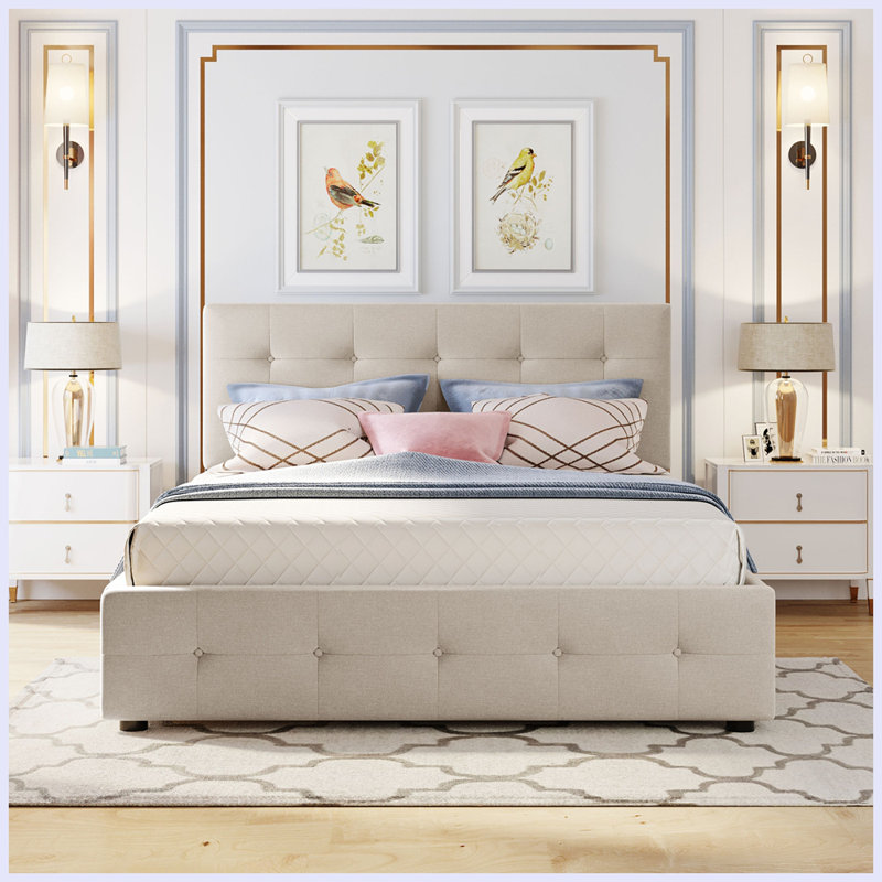 Lit plateforme tapissier Modern avec 2 tiroirs et 1 lit gigogne Modern, Beige