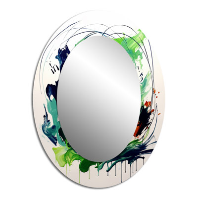 Green And White Abstract Ink Expression III - Green Oval Wall Mirror Decor