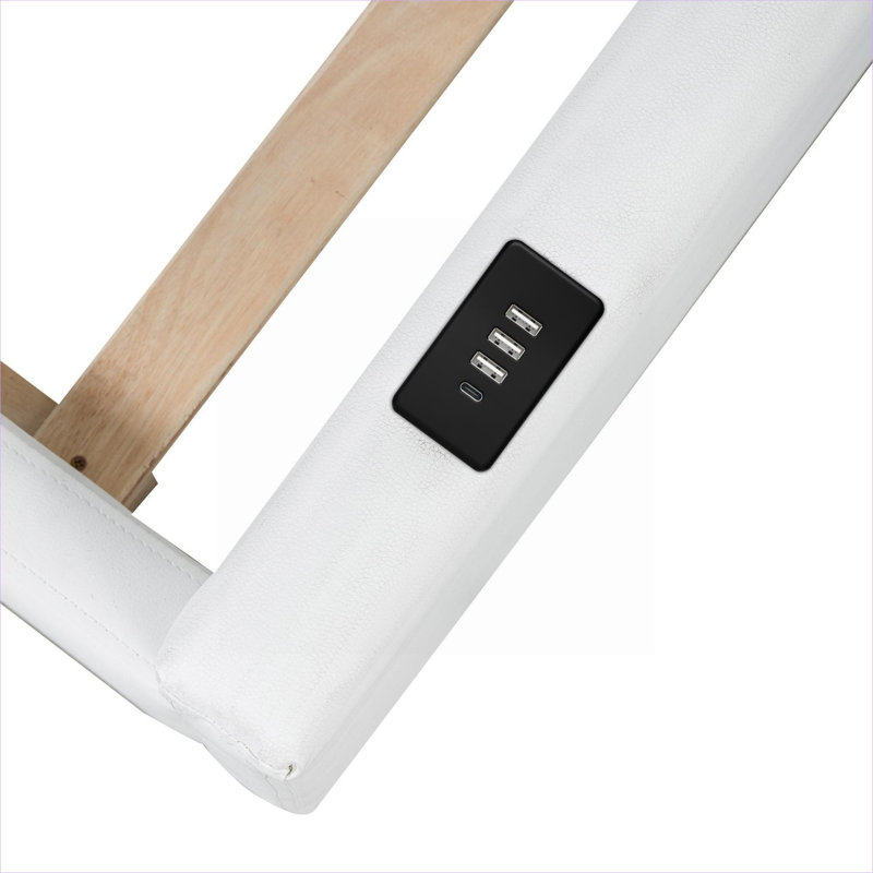 Lit plateforme tapissier simple avec garde-corps et station de charge intégrée pour chambre à coucher, blanc pur