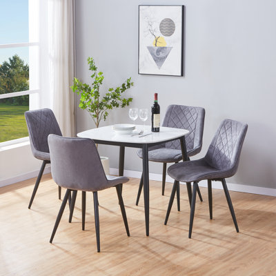 Aspen Sintered Stone Square Table with 4 Diamond Stitch Upholstered Fabric Chairs - Modern Dining Set