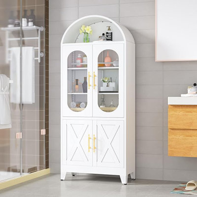 Armoire de cuisine de 73 po de hauteur avec arche en métal, armoires de rangement de style campagne moderne avec portes et tablettes réglables, bibliothèque / présentoir / armoire polyvalente avec espace de rangement ouvert pour bureau - blanc