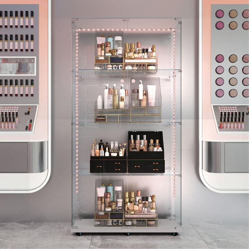 Tempered Glass Display Cabinet,Wine Cabinet, Storage Cabinet,File Cabinet,With Bluetooth LED Strip,Can Be Controlled By Remote Control Or Mobile APP,Swivel Casters,Can Be Placed Anywhere,Color:White
