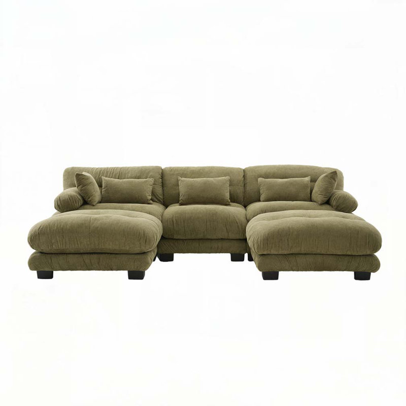 U Shape Cloud Couch With 2 Ottomans, Olive Green
