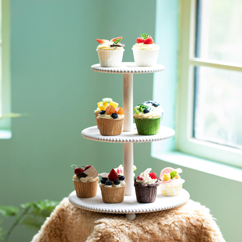 Rustic Wooden White 3 Tier Beaded Cupcake Stand Or Serving Tray Dessert Display Stand