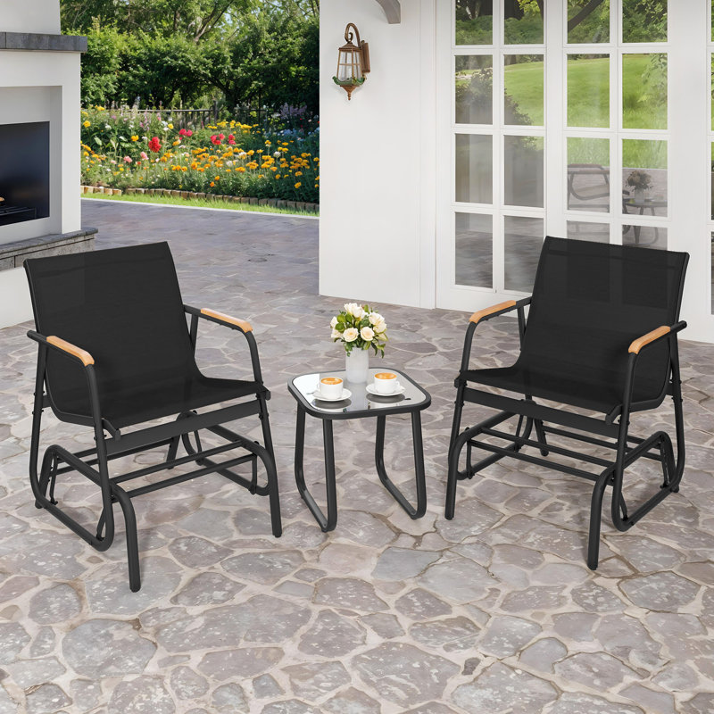 Ensemble de fauteuil oscillant carré pour 2 personnes avec table en verre trempé Lagroue, Noir